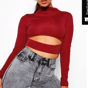 High neck boohoo crop top with cut out detail